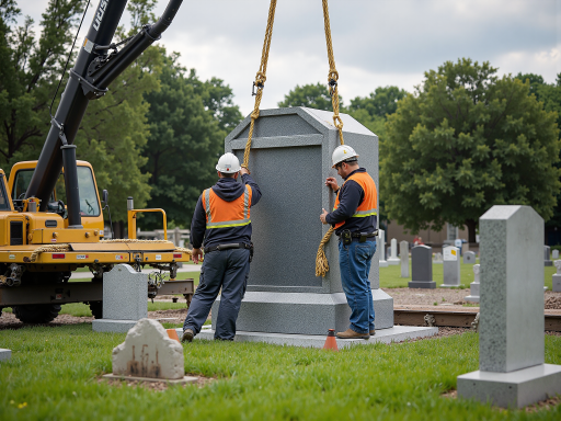 墓地安葬现场，工作人员协助家属进行安葬，环境宁静肃穆，绿树成荫