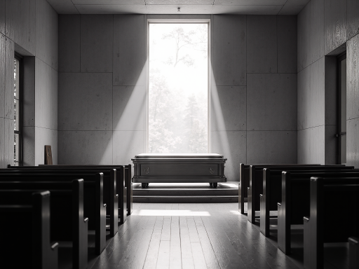 现代化殡仪厅内部，布置庄严肃穆，鲜花环绕，座椅整齐排列，灯光柔和