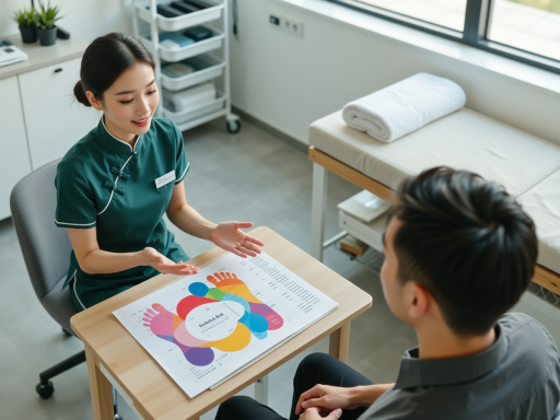 心理咨询师与家属交流，环境温馨舒适，心理辅导室布置简洁，体现人文关怀