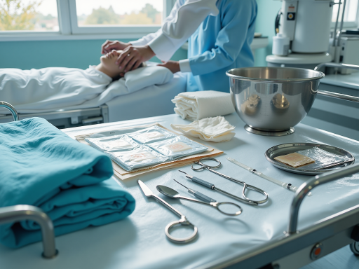 遗体化妆师正在为逝者整理仪容，身穿白色工作服，手法轻柔细致，环境整洁安静